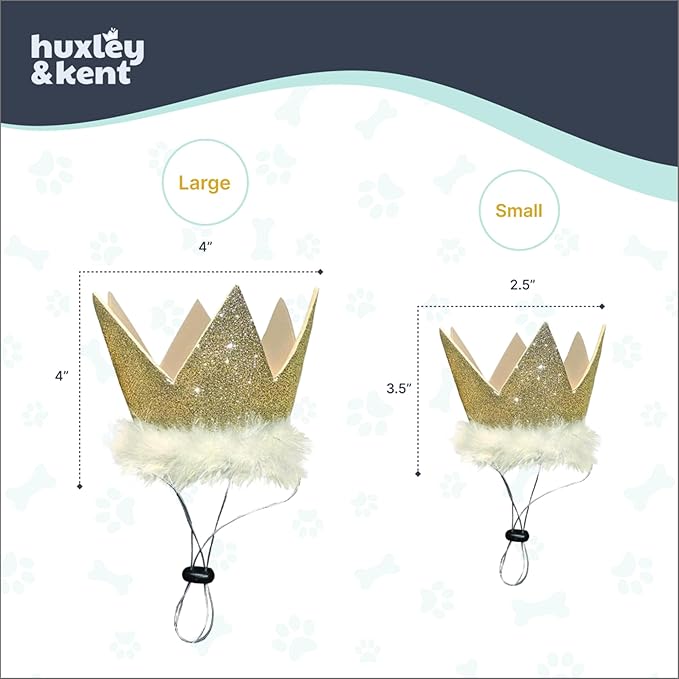 Huxley & Kent Pet Party Crown – Adjustable Glitter Crown Hat with SnugFit Straps – Party Accessory for Dogs & Cats – Gold, Small