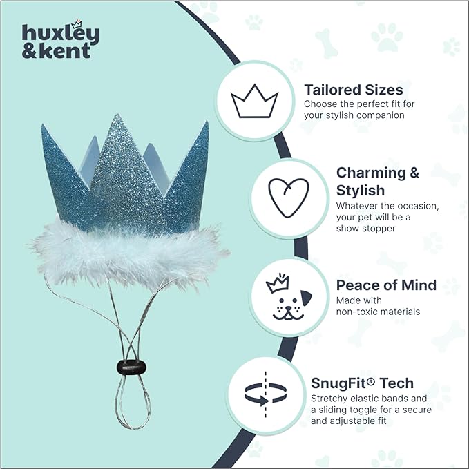 Huxley & Kent Pet Party Crown Hat for Dogs & Cats - Comfortable SnugFit Adjustable Straps - Glitter Crown for Parties, Gotcha Days & Celebrations - Blue, Small