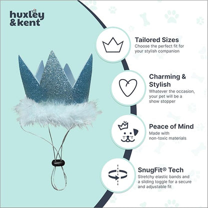 Huxley & Kent Pet Party Crown Hat for Dogs & Cats - Comfortable SnugFit Adjustable Straps - Glitter Crown for Parties, Gotcha Days & Celebrations - Blue, Small
