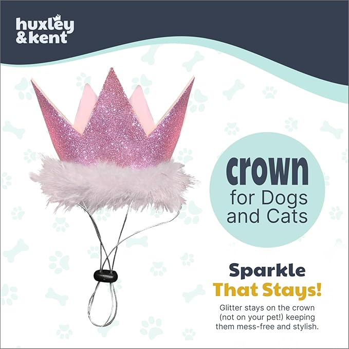 Huxley & Kent Pet Party Crown Hat for Dogs & Cats - Comfortable SnugFit Adjustable Straps - Glitter Crown for Parties, Gotcha Days & Celebrations - Pink, Large