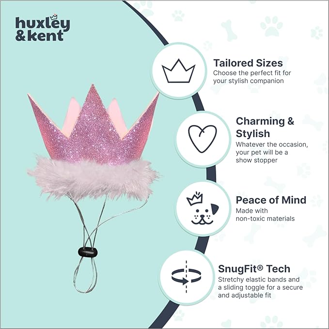 Huxley & Kent Pet Party Crown Hat for Dogs & Cats - Comfortable SnugFit Adjustable Straps - Glitter Crown for Parties, Gotcha Days & Celebrations - Pink, Large