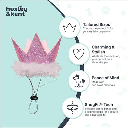 Huxley & Kent Pet Party Crown Hat for Dogs & Cats - Comfortable SnugFit Adjustable Straps - Glitter Crown for Parties, Gotcha Days & Celebrations - Pink, Large