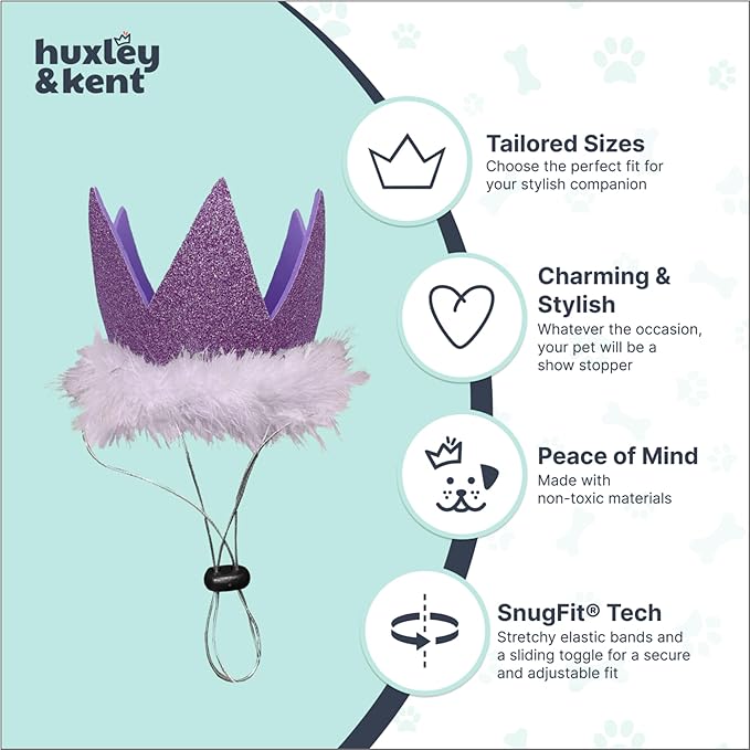 Huxley & Kent Pet Party Crown Hat for Dogs & Cats - Comfortable SnugFit Adjustable Straps - Glitter Crown for Parties, Gotcha Days & Celebrations - Purple, Large
