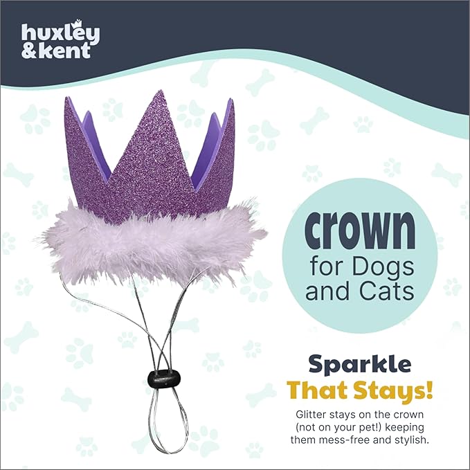 Huxley & Kent Pet Party Crown Hat for Dogs & Cats - Comfortable SnugFit Adjustable Straps - Glitter Crown for Parties, Gotcha Days & Celebrations - Purple, Small