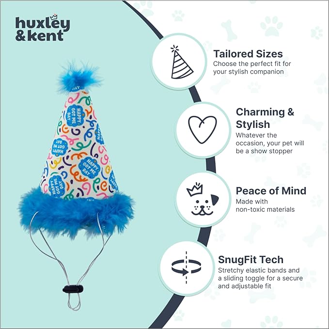 Huxley & Kent Pet Party Hat w/SnugFit Tech - Cute Glitter Doggie Birthday Party Hat- Cat & Dog Birthday Hat - Dog Hats for Parties, Adoption or Gotcha Day (Happy Got Me Day, Small)