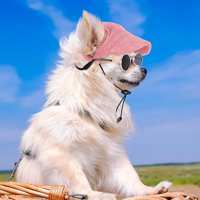 Jadive Medium Dog Sun Hat with Ear Holes, Dog Cat Sunglasses with Anti-Slip Silicone Rope Baseball Cap Adjustable Puppy Sunbonnet Headdress Beach Visor Hat for Puppies Summer Outdoor (Pink)