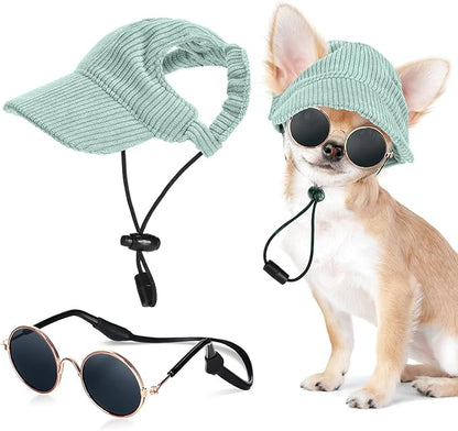 Jadive Medium Dog Sun Hat with Ear Holes, Dog Cat Sunglasses with Anti-Slip Silicone Rope Baseball Cap Adjustable Puppy Sunbonnet Headdress Beach Visor Hat for Puppies Summer Outdoor(Green)