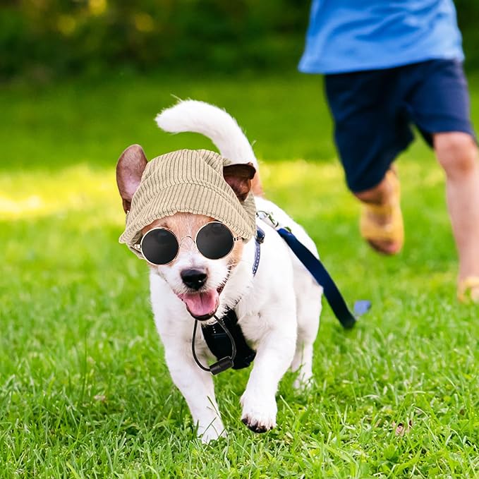 Jadive Medium Dog Sun Hat with Ear Holes, Dog Cat Sunglasses with Anti-Slip Silicone Rope Baseball Cap Adjustable Puppy Sunbonnet Headdress Beach Visor Hat for Puppies Summer Outdoor(Khaki)