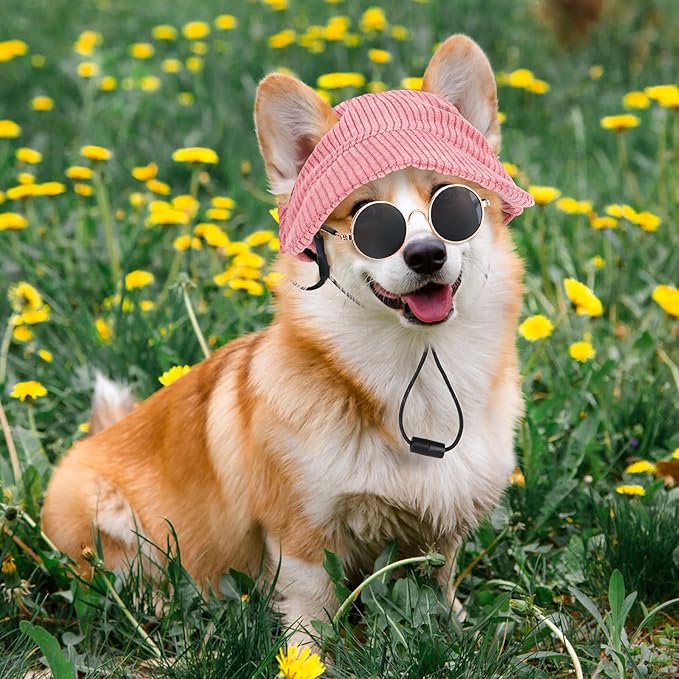 Jadive Small Dog Sun Hat with Ear Holes, Dog Cat Sunglasses with Anti-Slip Silicone Rope Baseball Cap Adjustable Puppy Sunbonnet Headdress Beach Visor Hat for Puppies Summer Outdoor(Pink)