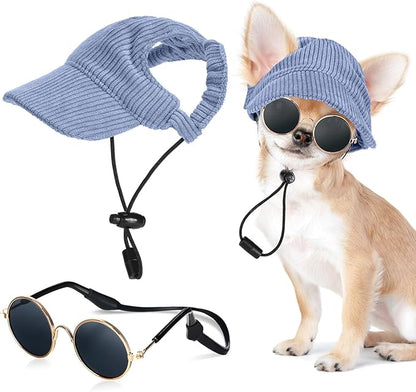 Jadive Small Dog Sun Hat with Ear Holes, Dog Cat Sunglasses with Anti-Slip Silicone Rope Baseball Cap Adjustable Puppy Sunbonnet Headdress Beach Visor Hat for Puppies Summer Outdoor(Blue)
