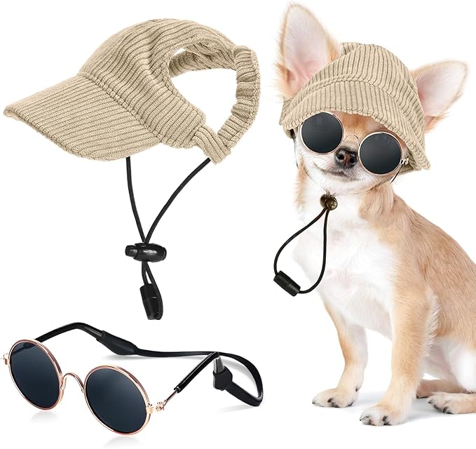 Jadive X-Small Dog Sun Hat with Ear Holes, Dog Cat Sunglasses with Anti-Slip Silicone Rope Baseball Cap Adjustable Puppy Sunbonnet Headdress Beach Visor Hat for Puppies Summer Outdoor(Khaki)