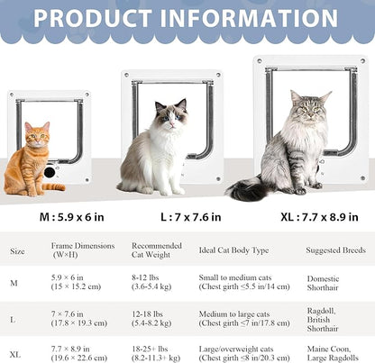 Large Cat Doors(Outer Size 10.6" x 9.2"), 4-Way Locking Cat Door for Interior Exterior Doors, Weatherproof pet Door with Magnet for Cat or Dog < 21.5 inches in Girth(White L)