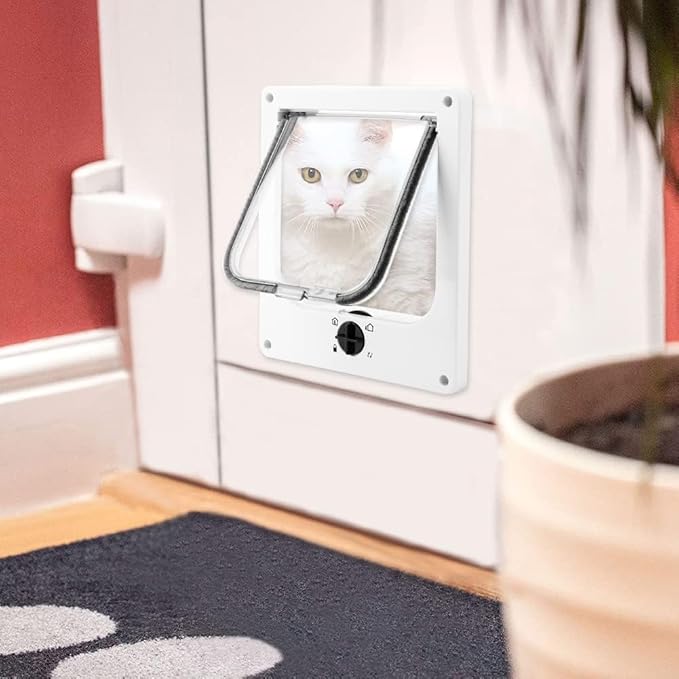 Large Cat Doors(Outer Size 10.6" x 9.2"), 4-Way Locking Cat Door for Interior Exterior Doors, Weatherproof pet Door with Magnet for Cat or Dog < 21.5 inches in Girth(White L)