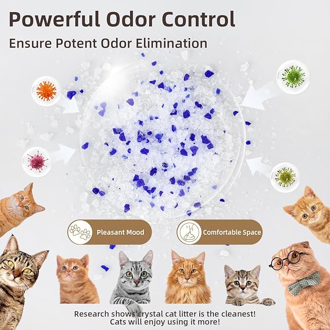 LaSyL Crystal Cat Litter for Multi-Cat Households - 34.4 lb Silica Gel, 30-Day Odor Control, 99.9% Dust-Free Non-Clumping Low Tracking Lightweight Unscented Formula (8 Bags x 4.3lb)