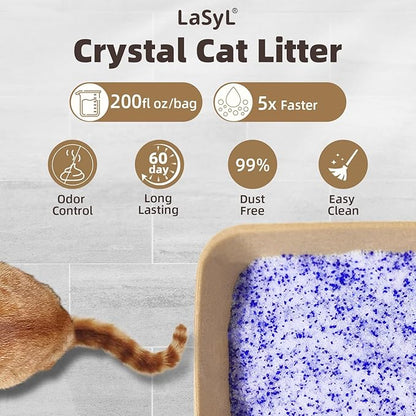 LaSyL Crystal Cat Litter for Multi-Cat Households - 34.4 lb Silica Gel, 30-Day Odor Control, 99.9% Dust-Free Non-Clumping Low Tracking Lightweight Unscented Formula (8 Bags x 4.3lb)
