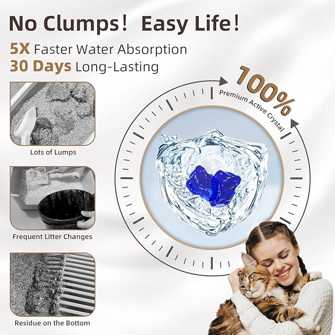 LaSyL Crystal Cat Litter for Multi-Cat Households - 8.6 lb Silica Gel, 30-Day Odor Control, 99.9% Dust-Free Non-Clumping Low Tracking Lightweight Unscented Formula (2 Bags x 4.3lb)