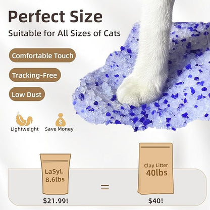 LaSyL Crystal Cat Litter for Multi-Cat Households - 8.6 lb Silica Gel, 30-Day Odor Control, 99.9% Dust-Free Non-Clumping Low Tracking Lightweight Unscented Formula (2 Bags x 4.3lb)