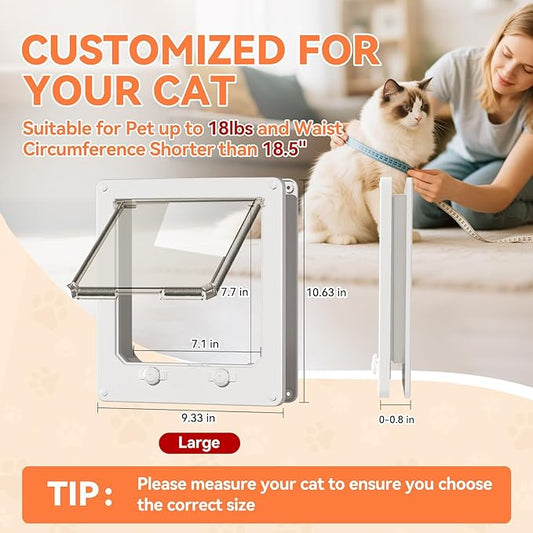 LIBBEPET Thin Cat Door, Safety Pet Door for Cats Up to 18 lbs, Interior Cat Door with 4 Way Locking for Window, Sliding Door and Cat House, Easy to Install, Lagre