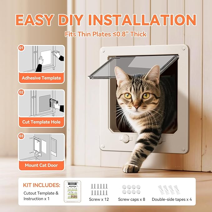 LIBBEPET Thin Cat Door, Safety Pet Door for Cats Up to 18 lbs, Interior Cat Door with 4 Way Locking for Window, Sliding Door and Cat House, Easy to Install, Lagre