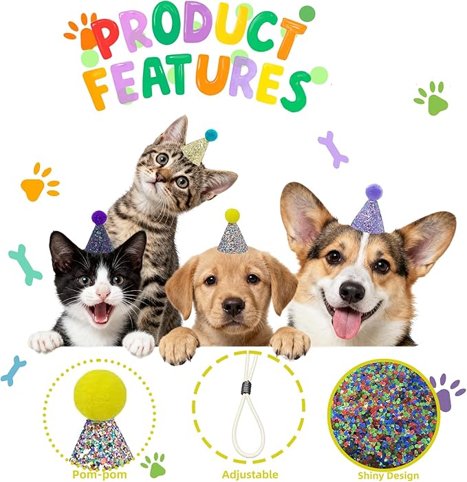 Mini Party Hats for Stuffed Animals, Birthday Party Cone Hats Dolls Dog Cat Rabbit Puppies Assorted Animal Birthday