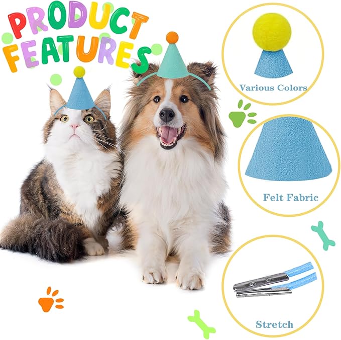 Mini Party Hats for Stuffed Animals, Birthday Party Cone Hats Dolls Dog Cat Rabbit Puppies Assorted Animal Birthday