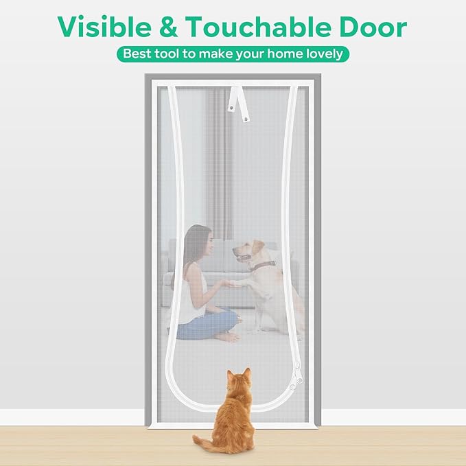 New Reinforced Cat Screen Door, Fits Door Size 30''x 80'' Heavy Duty Pets Proof Screen Door with Bilateral Zipper, Prevent Dogs Cats Running Out from Home, Bedroom,Living Room, Kitchen Patio Door
