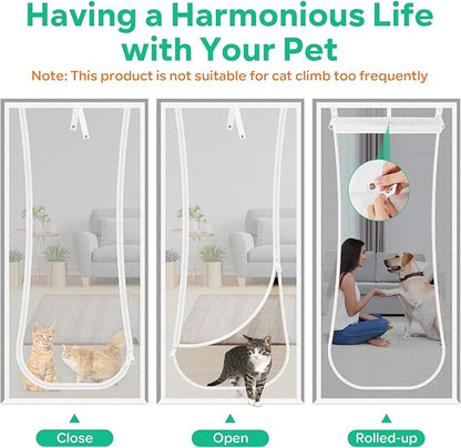 New Reinforced Cat Screen Door, Fits Door Size 34''x 80'' Heavy Duty Pets Proof Screen Door with Bilateral Zipper, Prevent Dogs Cats Running Out from Home, Bedroom,Living Room, Kitchen Patio Door
