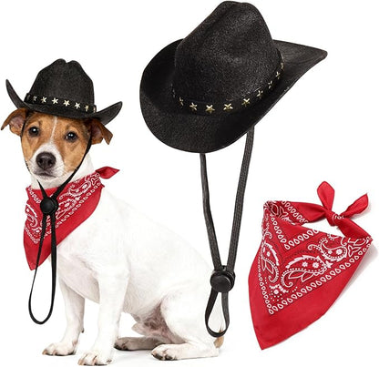 Pet Cowboy Costume, Dog Cowboy Hat with Bandana Scarf, Adjustable Cat Cowboy Hat for Party Cosplay Christmas, Halloween Cowboy Costumes for Small Pet Dogs Cats (Black, Medium)