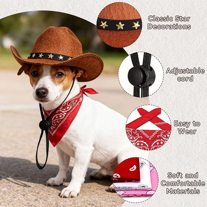 Pet Cowboy Costume, Dog Cowboy Hat with Bandana Scarf, Adjustable Cat Cowboy Hat for Party Cosplay Christmas, Halloween Cowboy Costumes for Small Pet Dogs Cats (Black, Small)
