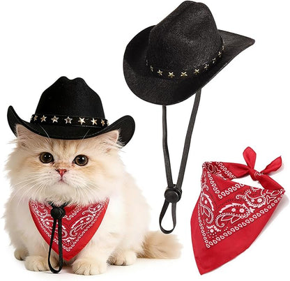 Pet Cowboy Costume, Dog Cowboy Hat with Bandana Scarf, Adjustable Cat Cowboy Hat for Party Cosplay Christmas, Halloween Cowboy Costumes for Small Pet Dogs Cats (Black, Small)
