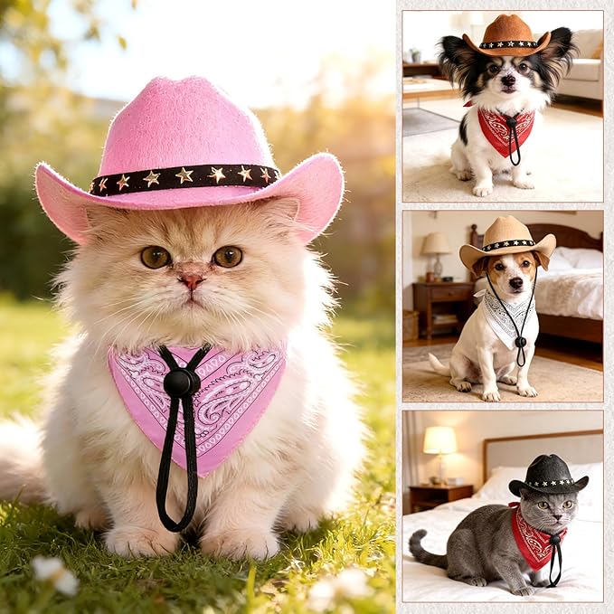 Pet Cowboy Costume, Dog Cowboy Hat with Bandana Scarf, Adjustable Cat Cowboy Hat for Party Cosplay Christmas, Halloween Cowboy Costumes for Small Pet Dogs Cats (Brown, Small)