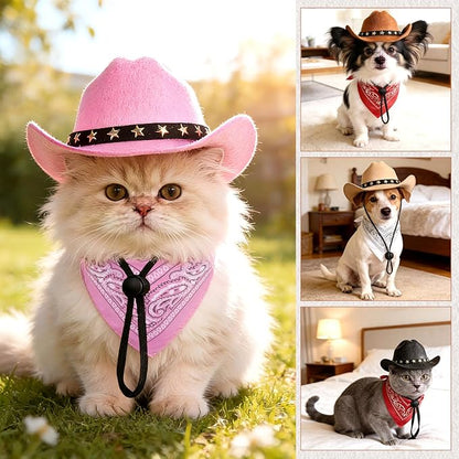 Pet Cowboy Costume, Dog Cowboy Hat with Bandana Scarf, Adjustable Cat Cowboy Hat for Party Cosplay Christmas, Halloween Cowboy Costumes for Small Pet Dogs Cats (Brown, Small)