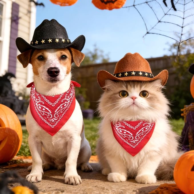Pet Cowboy Costume, Dog Cowboy Hat with Bandana Scarf, Adjustable Cat Cowboy Hat for Party Cosplay Christmas, Halloween Cowboy Costumes for Small Pet Dogs Cats (Brown, Medium)