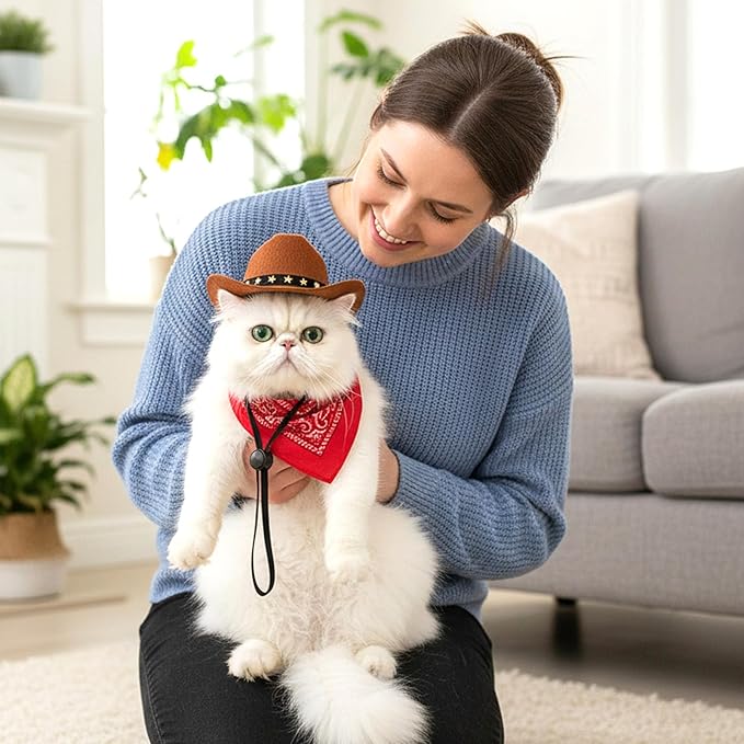 Pet Cowboy Costume, Dog Cowboy Hat with Bandana Scarf, Adjustable Cat Cowboy Hat for Party Cosplay Christmas, Halloween Cowboy Costumes for Small Pet Dogs Cats (Brown, Medium)