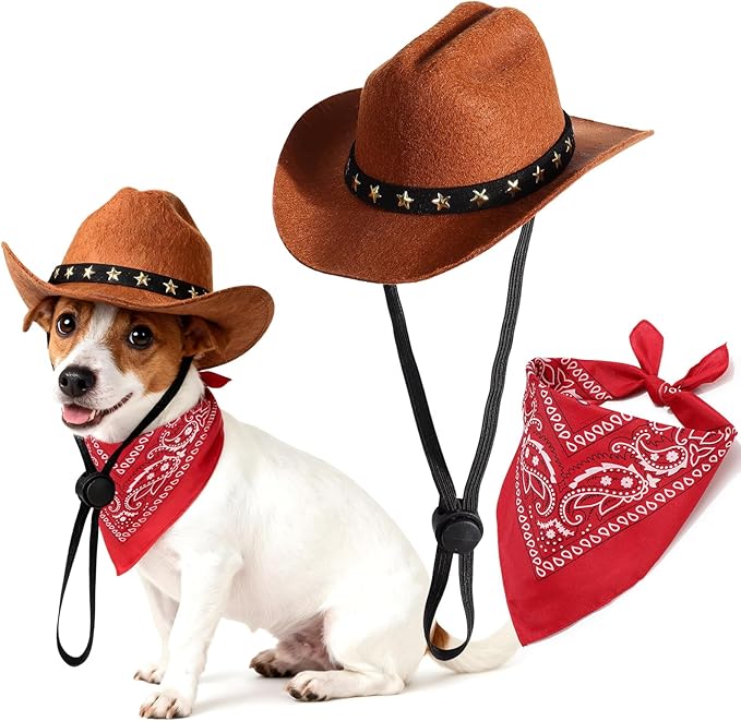 Pet Cowboy Costume, Dog Cowboy Hat with Bandana Scarf, Adjustable Cat Cowboy Hat for Party Cosplay Christmas, Halloween Cowboy Costumes for Small Pet Dogs Cats (Brown, Medium)