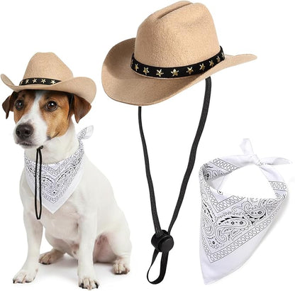 Pet Cowboy Costume, Dog Cowboy Hat with Bandana Scarf, Adjustable Cat Cowboy Hat for Party Cosplay Christmas, Halloween Cowboy Costumes for Small Pet Dogs Cats (Khaki, Medium)
