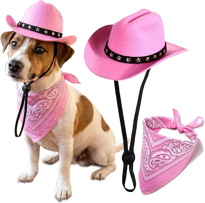 Pet Cowboy Costume, Dog Cowboy Hat with Bandana Scarf, Adjustable Cat Cowboy Hat for Party Cosplay Christmas, Halloween Cowboy Costumes for Small Pet Dogs Cats (Pink, Medium)