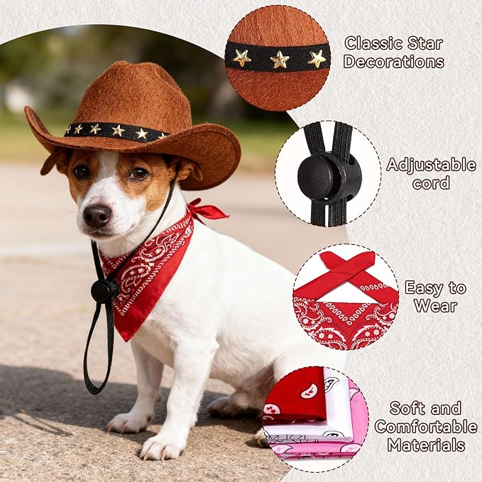 Pet Cowboy Costume, Dog Cowboy Hat with Bandana Scarf, Adjustable Cat Cowboy Hat for Party Cosplay Christmas, Halloween Cowboy Costumes for Small Pet Dogs Cats (Pink, Medium)