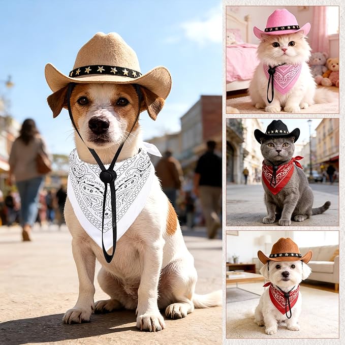 Pet Cowboy Costume, Dog Cowboy Hat with Bandana Scarf, Adjustable Cat Cowboy Hat for Party Cosplay Christmas, Halloween Cowboy Costumes for Small Pet Dogs Cats (Pink, Medium)