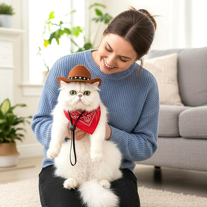 Pet Cowboy Costume, Dog Cowboy Hat with Bandana Scarf, Adjustable Cat Cowboy Hat for Party Cosplay Christmas, Halloween Cowboy Costumes for Small Pet Dogs Cats (Pink, Medium)
