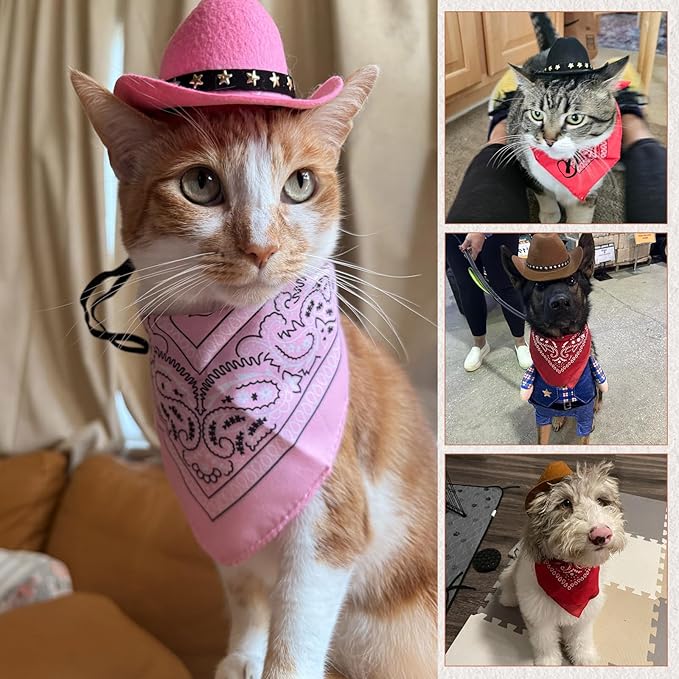 Pet Cowboy Costume, Dog Cowboy Hat with Bandana Scarf, Adjustable Cat Cowboy Hat for Party Cosplay Christmas, Halloween Cowboy Costumes for Small Pet Dogs Cats (Pink, Medium)