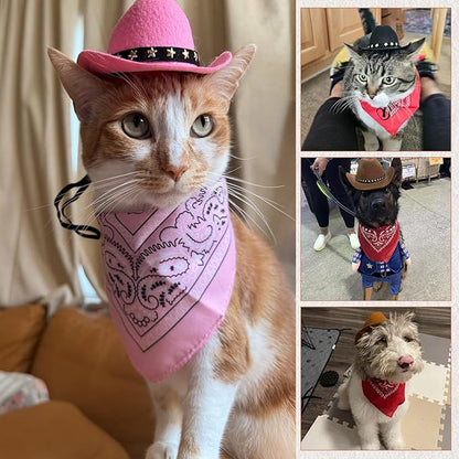 Pet Cowboy Costume, Dog Cowboy Hat with Bandana Scarf, Adjustable Cat Cowboy Hat for Party Cosplay Christmas, Halloween Cowboy Costumes for Small Pet Dogs Cats (Pink, Medium)