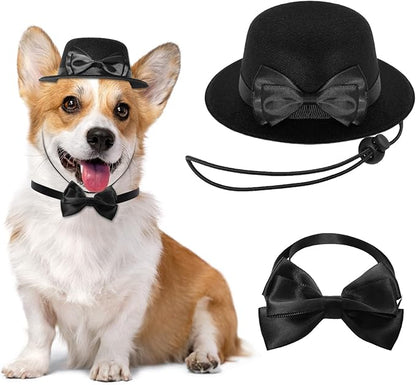 Pet Formal Accessories Set 2 Pcs Dog Costume Top Hat with Formal Pet Tuxedo Bowtie/Necktie Birthday Party Halloween Gradation Christmas Dog Cat Costumes Accessories Black (Top hat Height: 5cm)