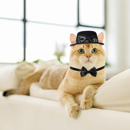 Pet Formal Accessories Set 2 Pcs Dog Costume Top Hat with Formal Pet Tuxedo Bowtie/Necktie Birthday Party Halloween Gradation Christmas Dog Cat Costumes Accessories Black (Top hat Height: 5cm)
