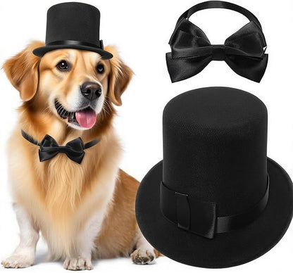 Pet Formal Accessories Set 2Pcs Dog Top Hat with Bowtie Cat Gentleman Tuxedo Necktie Costumes for Birthday Holiday Party
