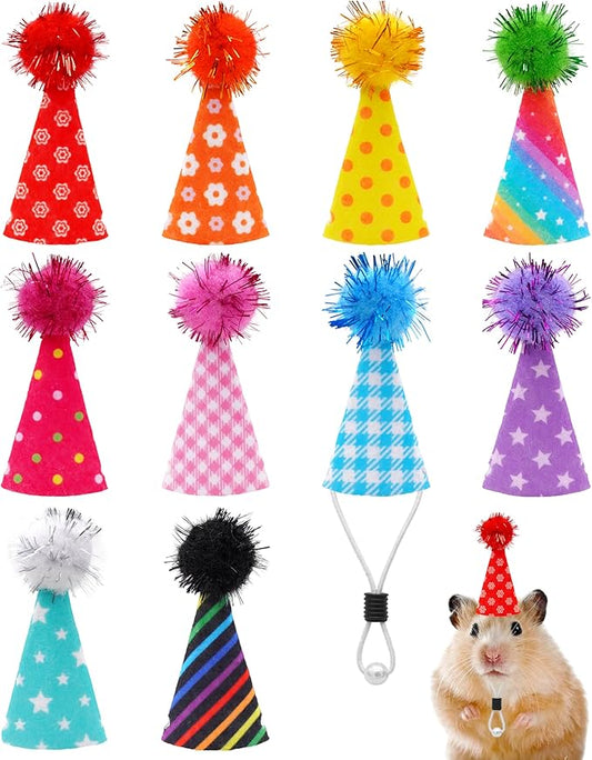 PET SHOW 10 Pack Hamster Hats Tiny Hats for Snakes Hedgehog Lizard Reptile Mini Animal Figure Hats with Tinsel Pom Adjustable Felt Headband Guinea Pig Chicken Bird Small Pet Birthday Party Accessories