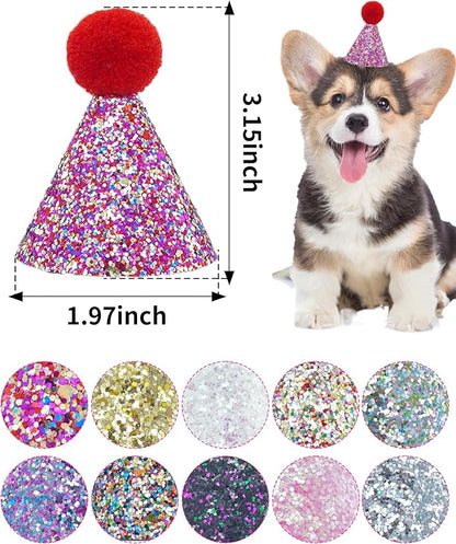 PET SHOW 10 Pack Mini Small Dog Hats with Sequins Puppy Birthday Party Hats Cats Adjustable Holiday Hats Headband Kitten Hats Pet Grooming Costume Accessories