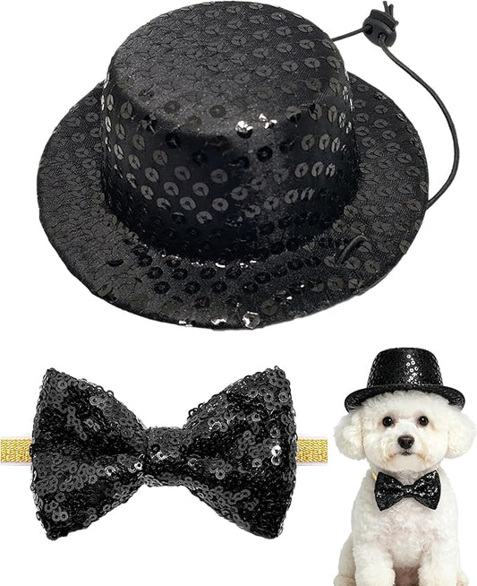 PET SHOW 2 Pack Small Dog Top Hat & Collar Bowtie Black Adjustable Cat Sombrero Hat Formal Bow Tie Halloween Cosplay Costume New Year Pet Birthday Party Holiday Decoration