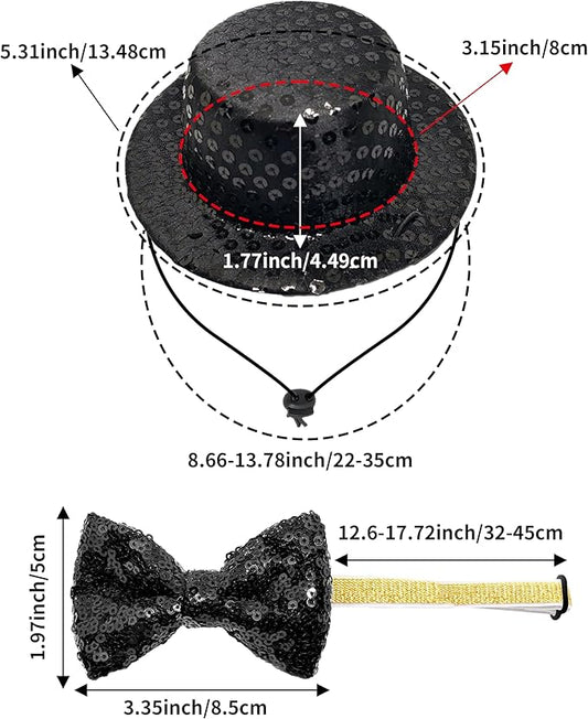 PET SHOW 2 Pack Small Dog Top Hat & Collar Bowtie Black Adjustable Cat Sombrero Hat Formal Bow Tie Halloween Cosplay Costume New Year Pet Birthday Party Holiday Decoration