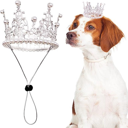 PET SHOW 2pcs Large Dog Crown Headband Sheep Big Pet Hat for Birthday Party Silver Gold Rhinestone Faux Pearl Crown for Pets Wedding Hair Accessories Photo Prop Costume